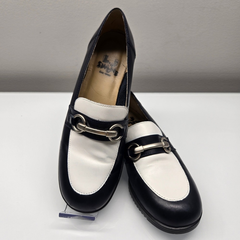 Vintage LJ Simone Loafer Women 7.5 Black White Leather Horsebit Mod Equestrian